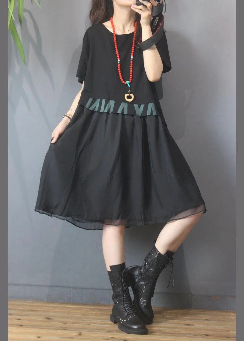 Vintage Black Graphic Patchwork Green Dress Summer - Image 3
