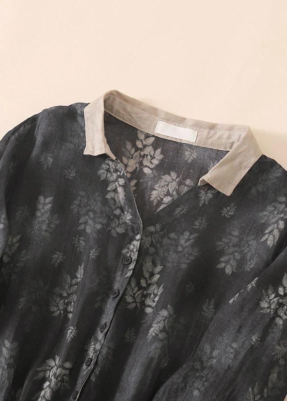Vintage Black Grey Peter Pan Collar Drawstring Print Linen Holiday Dress Half Sleeve - Image 2