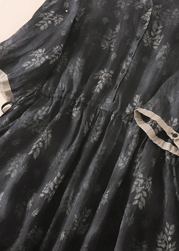 Vintage Black Grey Peter Pan Collar Drawstring Print Linen Holiday Dress Half Sleeve - Image 3