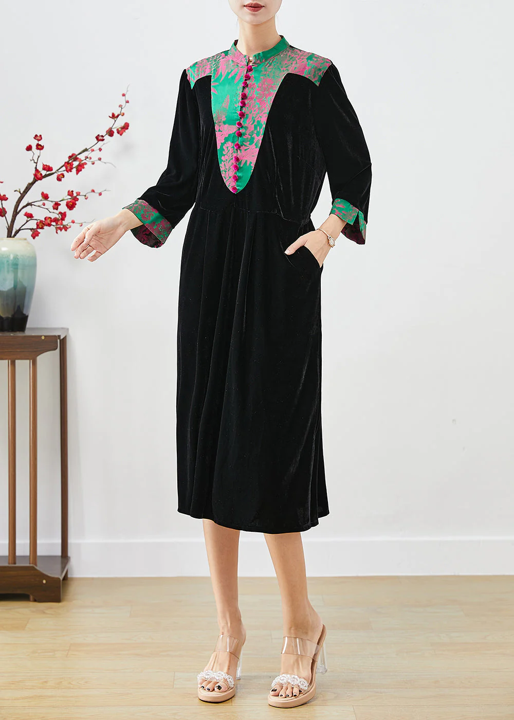 Vintage Black Mandarin Collar Patchwork Silk Velour Dresses Fall - Image 2