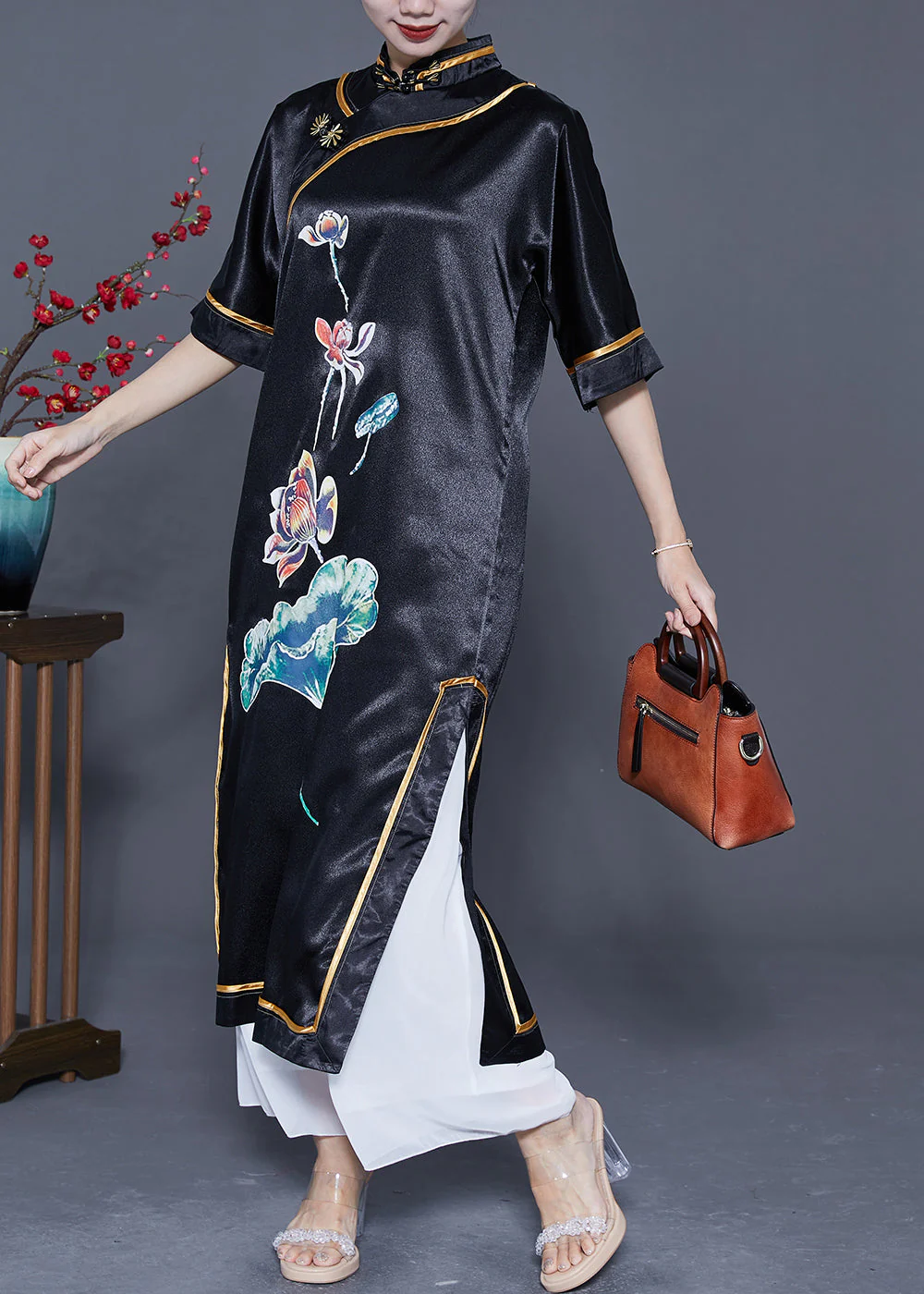 Vintage Black Mandarin Collar Print Side Open Silk Chinese Style Dress Summer - Image 2