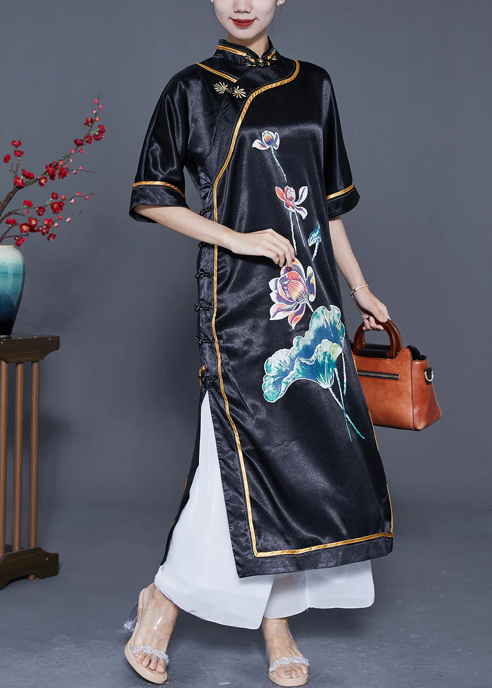 Vintage Black Mandarin Collar Print Side Open Silk Chinese Style Dress Summer - Image 3