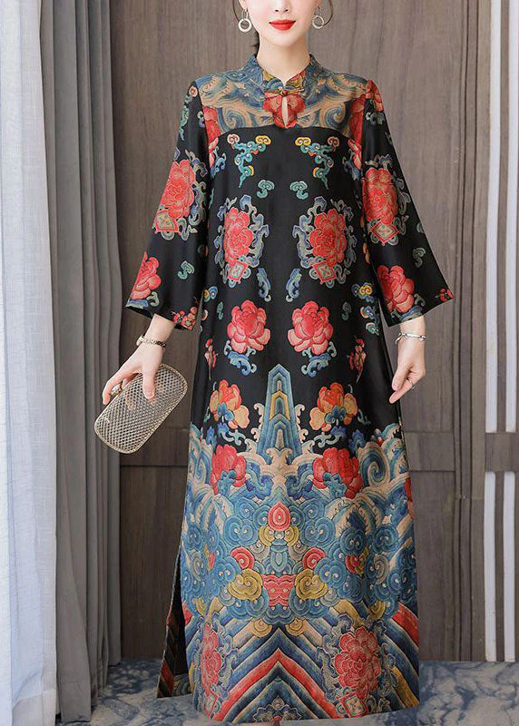 Vintage Black Mandarin Collar Print Silk Long Dresses Bracelet Sleeve - Image 2