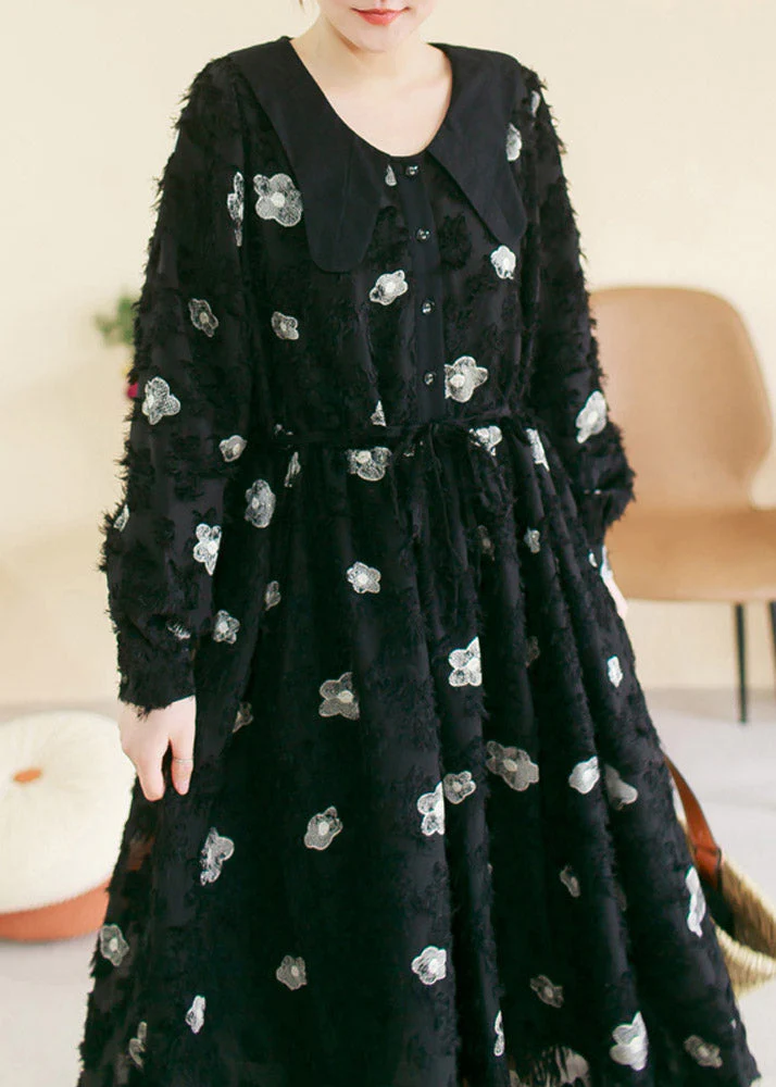 Vintage Black O-Neck Embroideried Floral Patchwork Cotton Long Dress Spring - Image 2