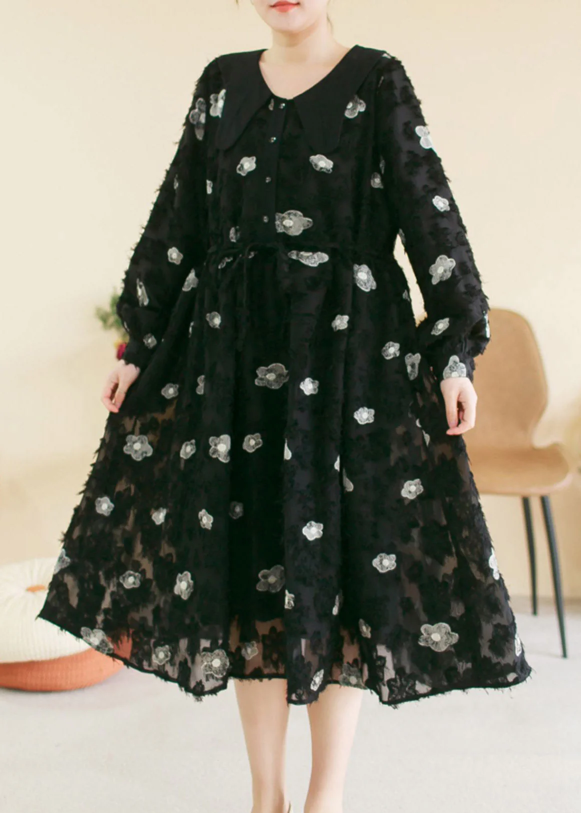 Vintage Black O-Neck Embroideried Floral Patchwork Cotton Long Dress Spring - Image 3