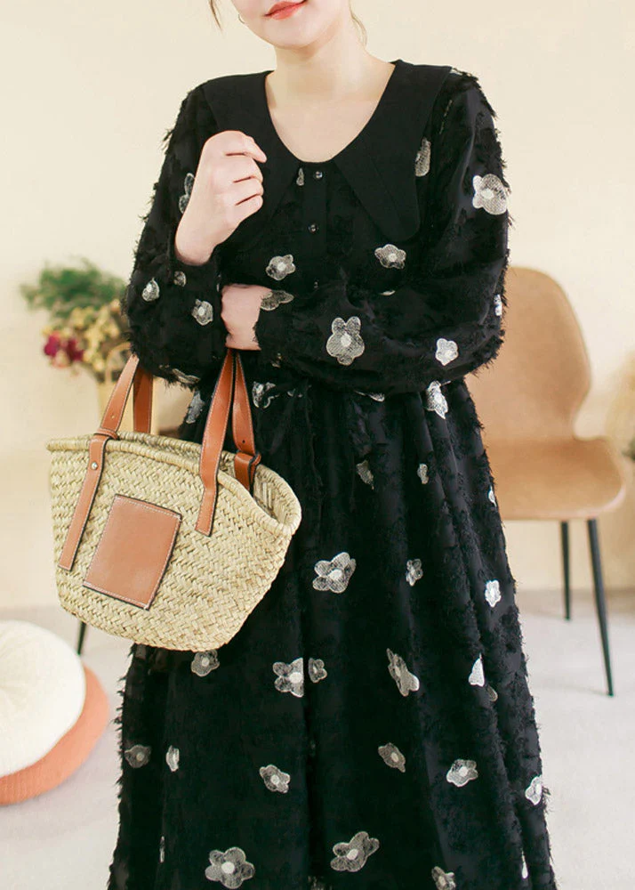Vintage Black O-Neck Embroideried Floral Patchwork Cotton Long Dress Spring - Image 4