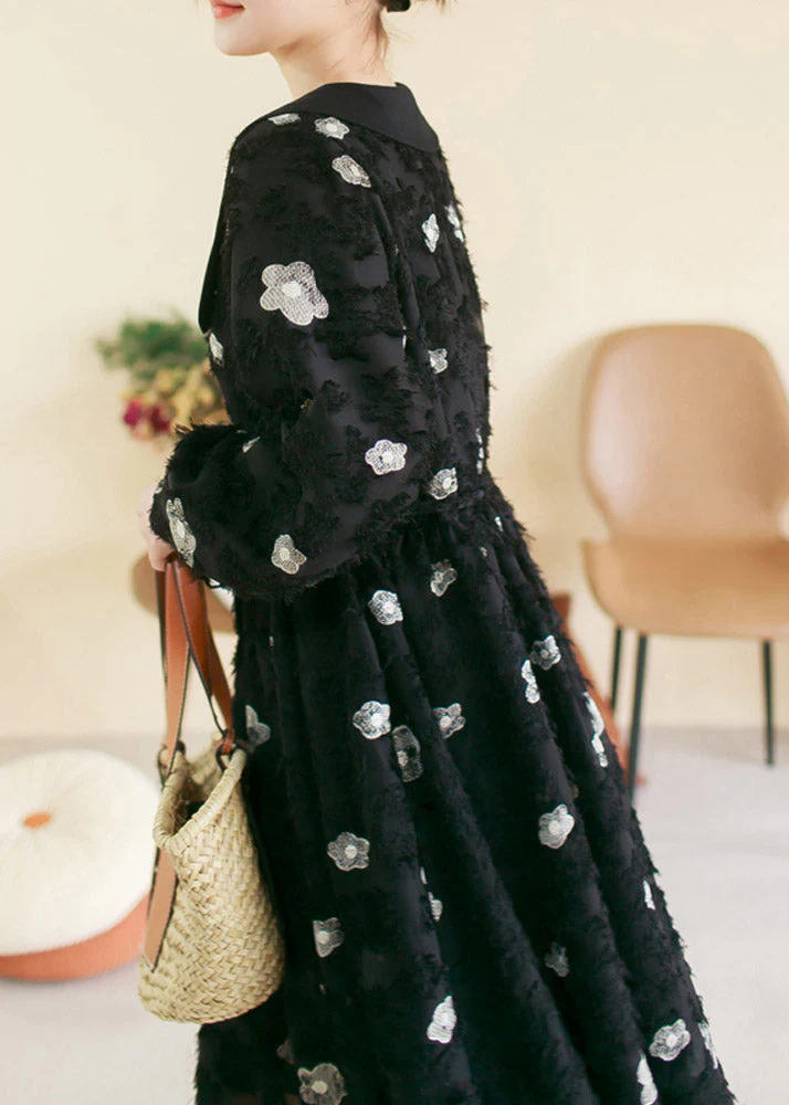 Vintage Black O-Neck Embroideried Floral Patchwork Cotton Long Dress Spring - Image 5