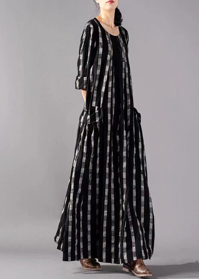 Vintage Black O-Neck Plaid Print Cotton Long Dresses Long Sleeve - Image 3
