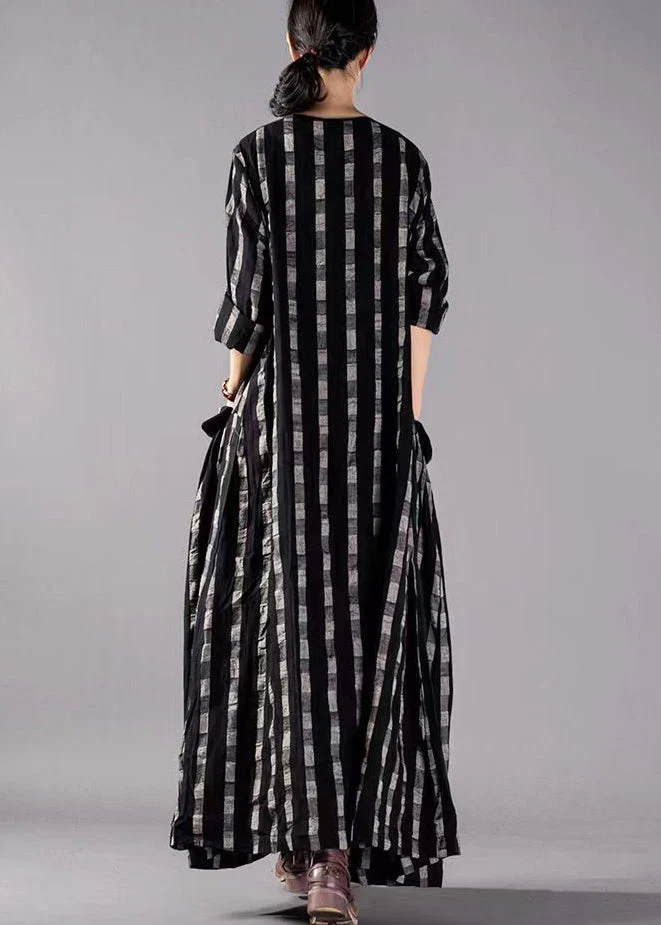 Vintage Black O-Neck Plaid Print Cotton Long Dresses Long Sleeve - Image 4