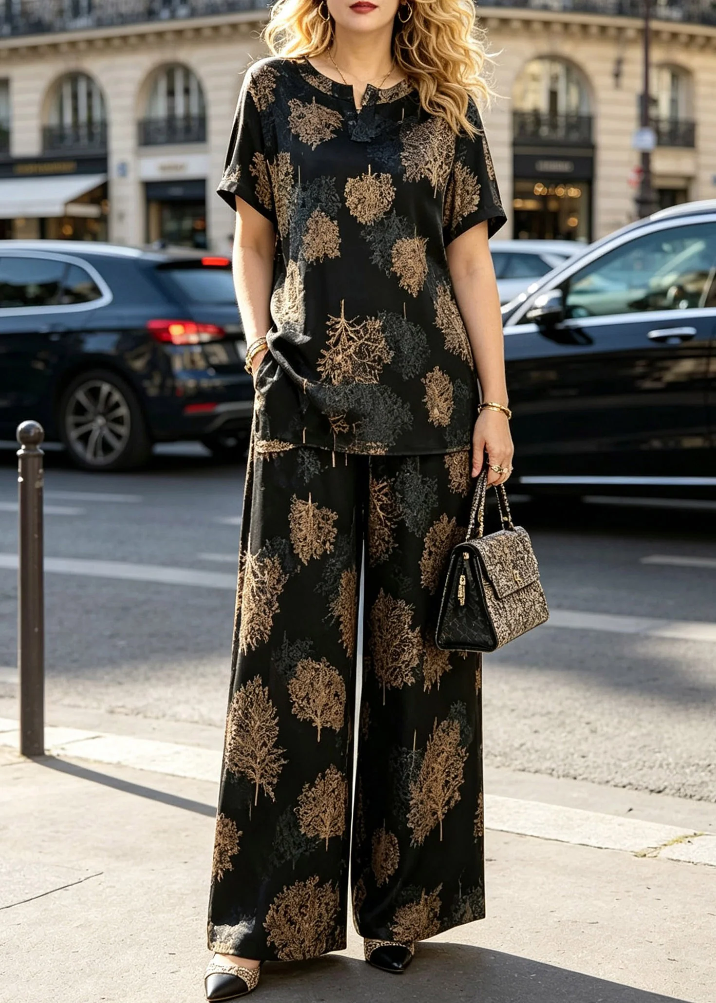 Vintage Black O-Neck Print T Shirts And Wide Leg Pants Silk Two Piece Set Summer - Image 3