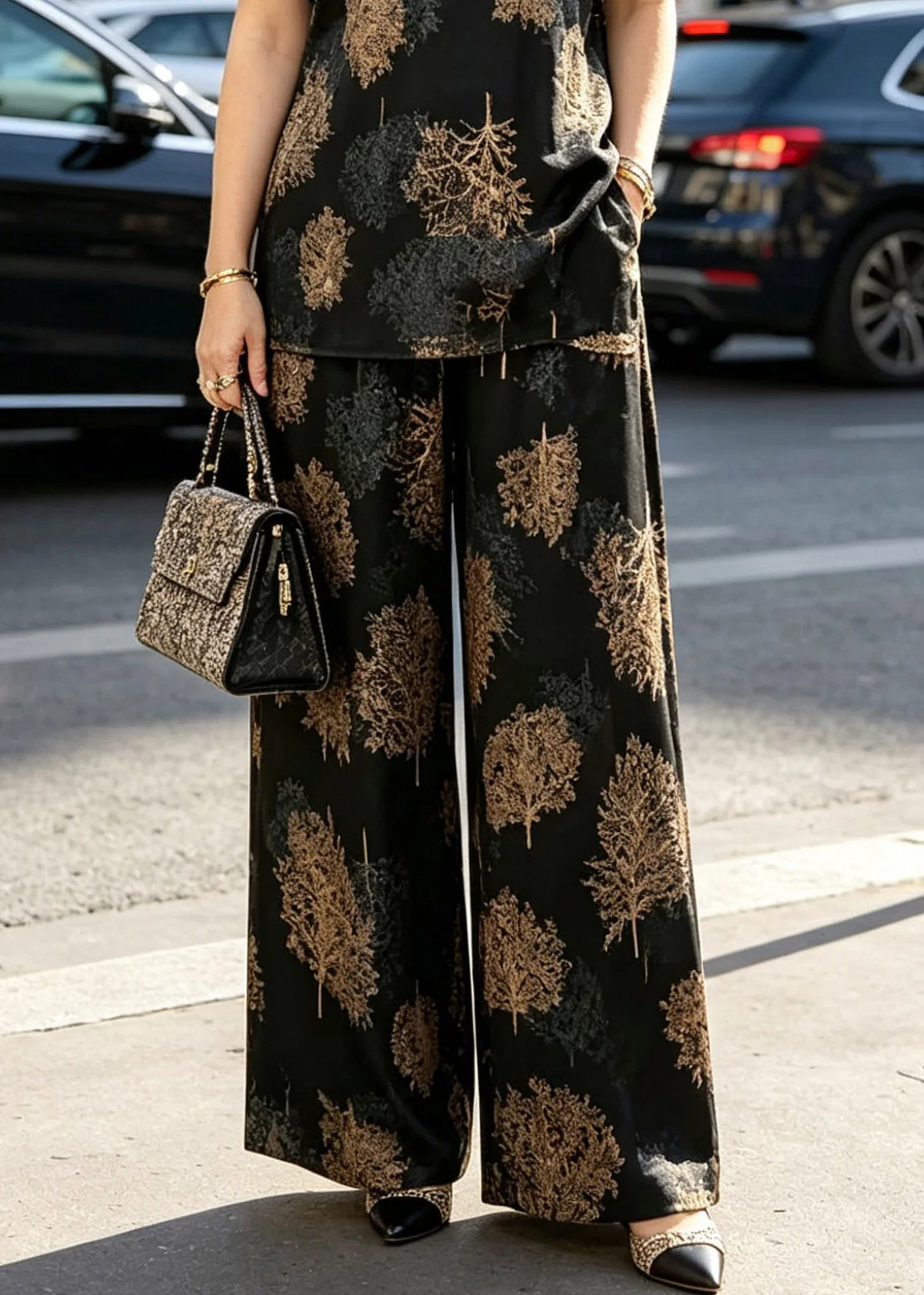 Vintage Black O-Neck Print T Shirts And Wide Leg Pants Silk Two Piece Set Summer - Image 4