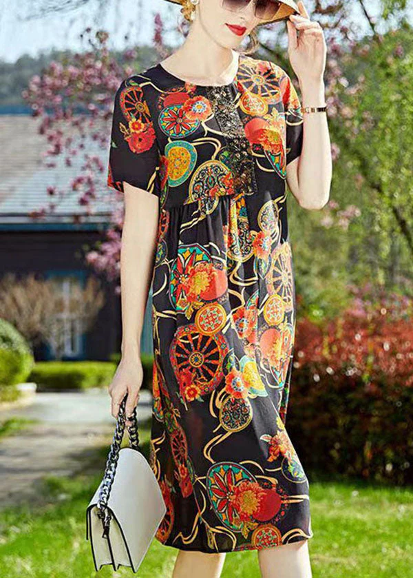 Vintage Black O-Neck Print Wrinkled Silk Mid Dresses Short Sleeve - Image 3