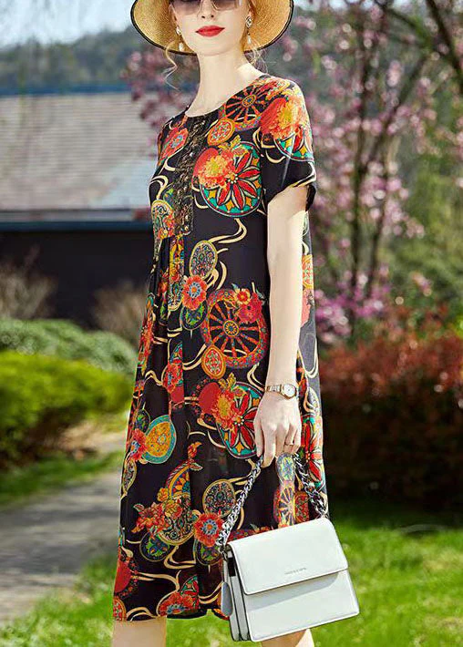 Vintage Black O-Neck Print Wrinkled Silk Mid Dresses Short Sleeve - Image 4