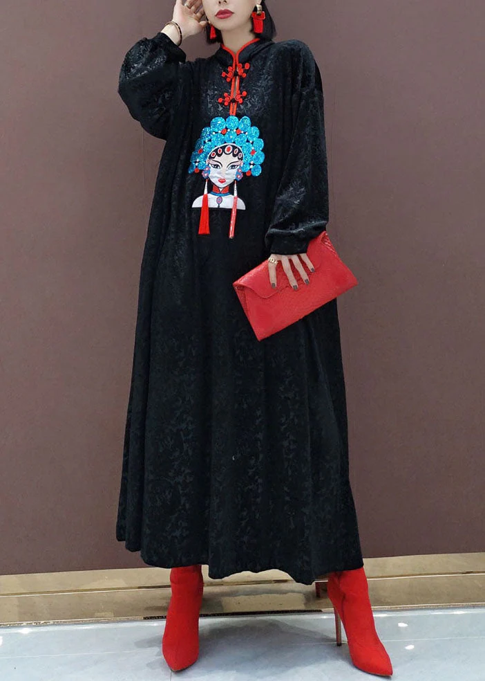Vintage Black Oriental Velour Long Dresses Spring - Image 2