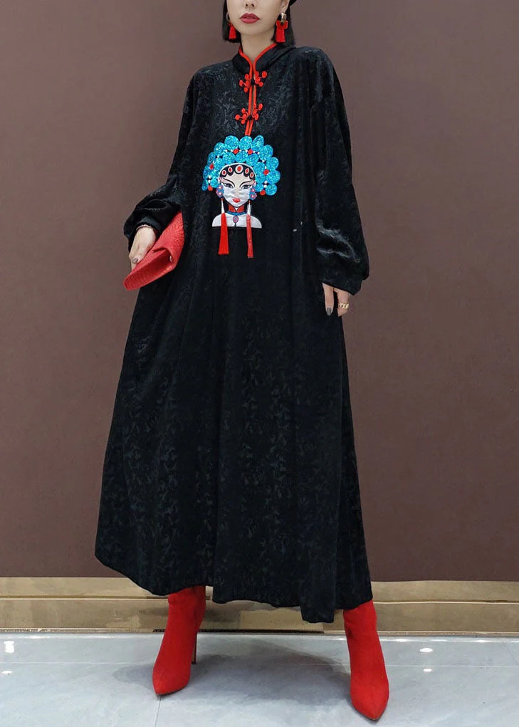 Vintage Black Oriental Velour Long Dresses Spring - Image 3