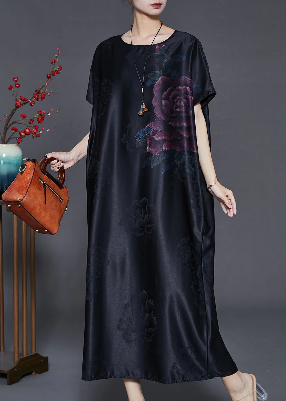 Vintage Black Oversized Jacquard Silk Long Dress Summer - Image 2
