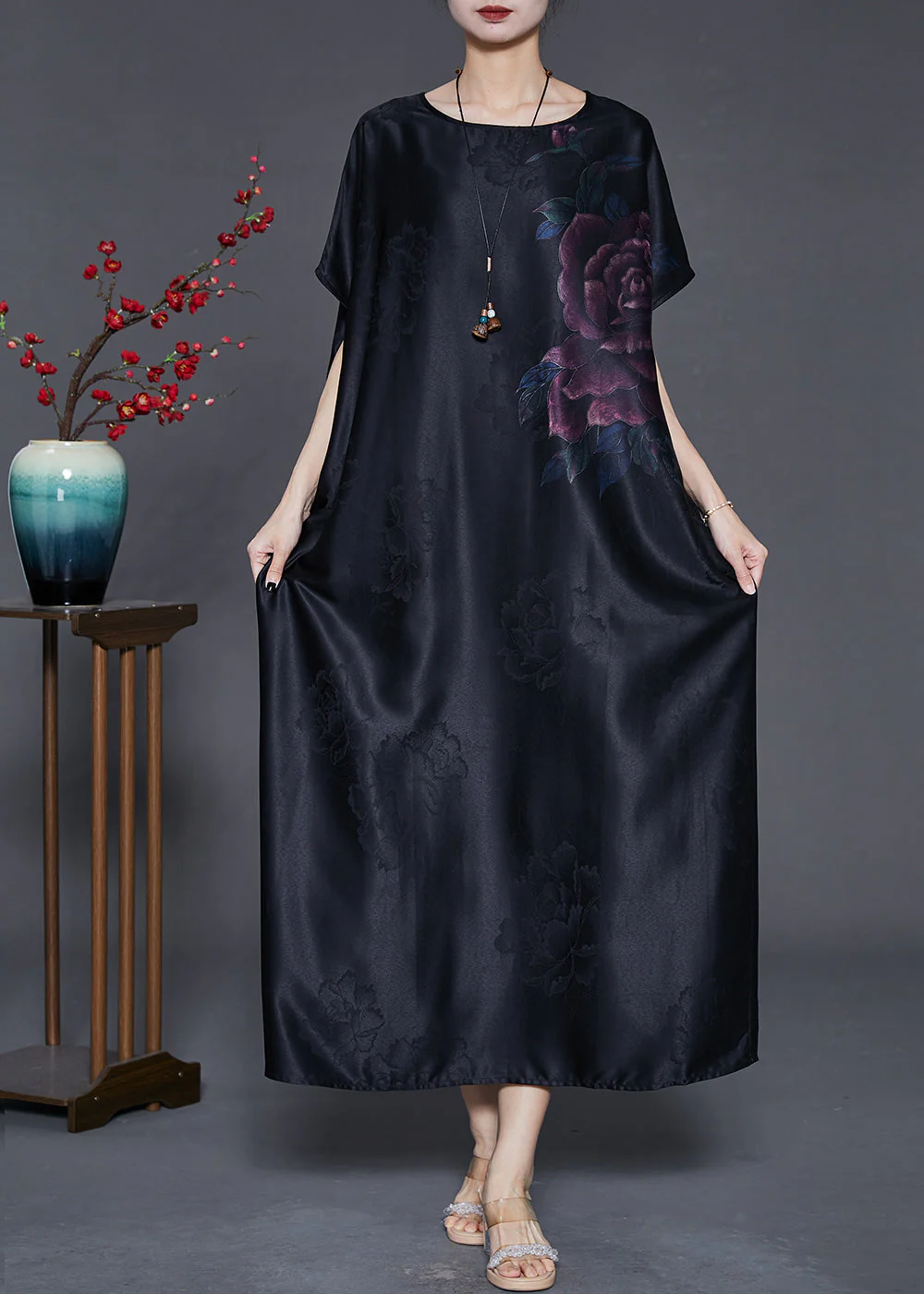 Vintage Black Oversized Jacquard Silk Long Dress Summer - Image 3