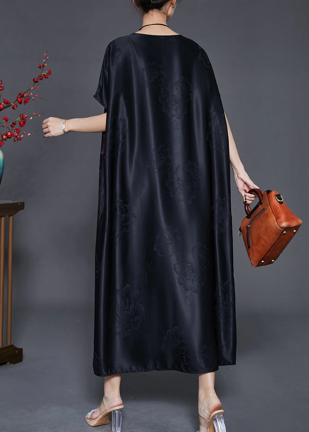 Vintage Black Oversized Jacquard Silk Long Dress Summer - Image 4