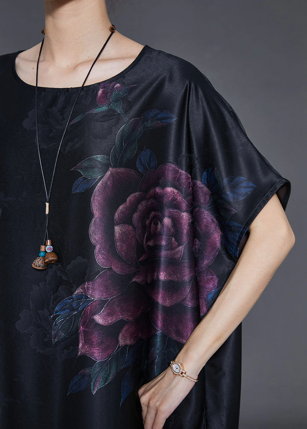 Vintage Black Oversized Jacquard Silk Long Dress Summer - Image 5