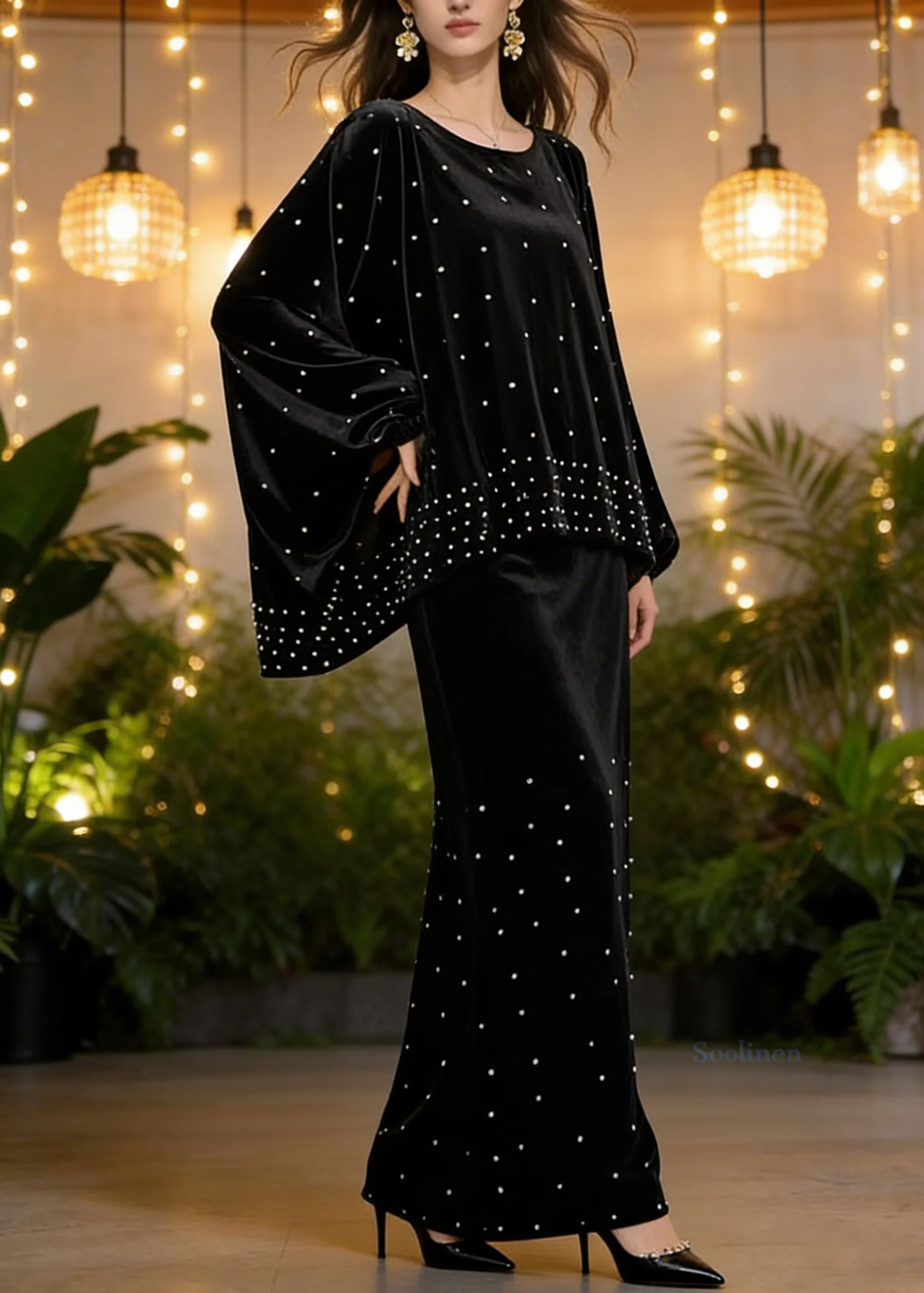 Vintage Black Oversized Nail Bead Silk Velvet Two Piece Set Women Clothing Spring - Image 2