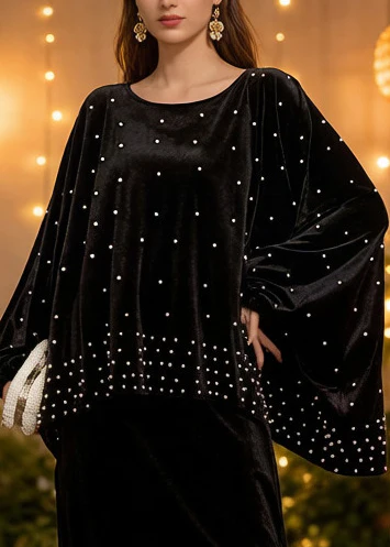 Vintage Black Oversized Nail Bead Silk Velvet Two Piece Set Women Clothing Spring - Image 4