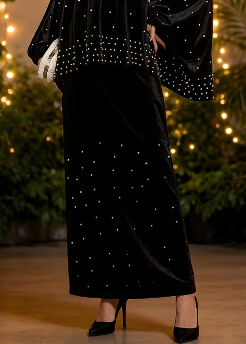 Vintage Black Oversized Nail Bead Silk Velvet Two Piece Set Women Clothing Spring - Image 5