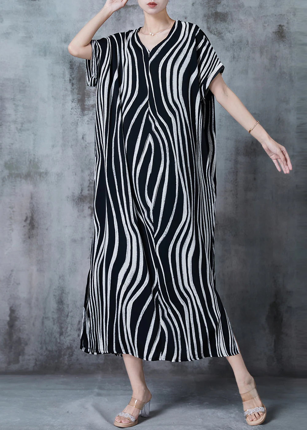 Vintage Black Oversized Striped Chiffon Dress Summer - Image 2