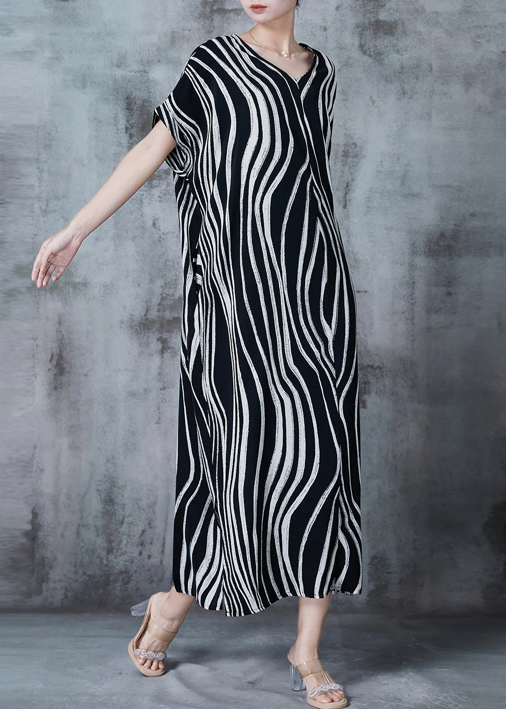 Vintage Black Oversized Striped Chiffon Dress Summer - Image 3