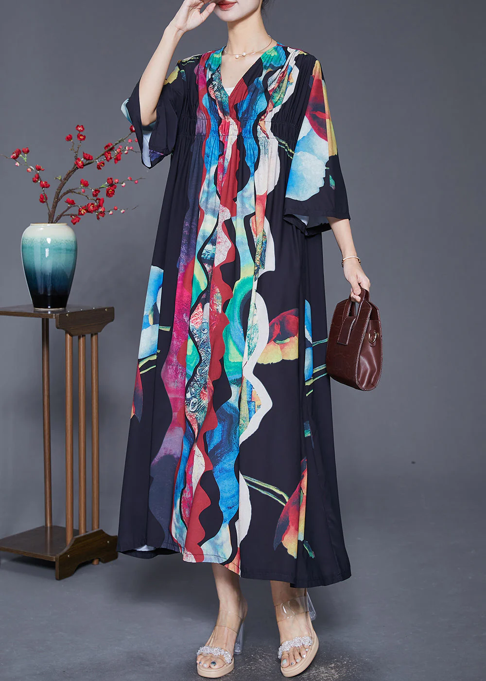 Vintage Black Oversized Wrinkled Print Chiffon Long Dress Summer - Image 3
