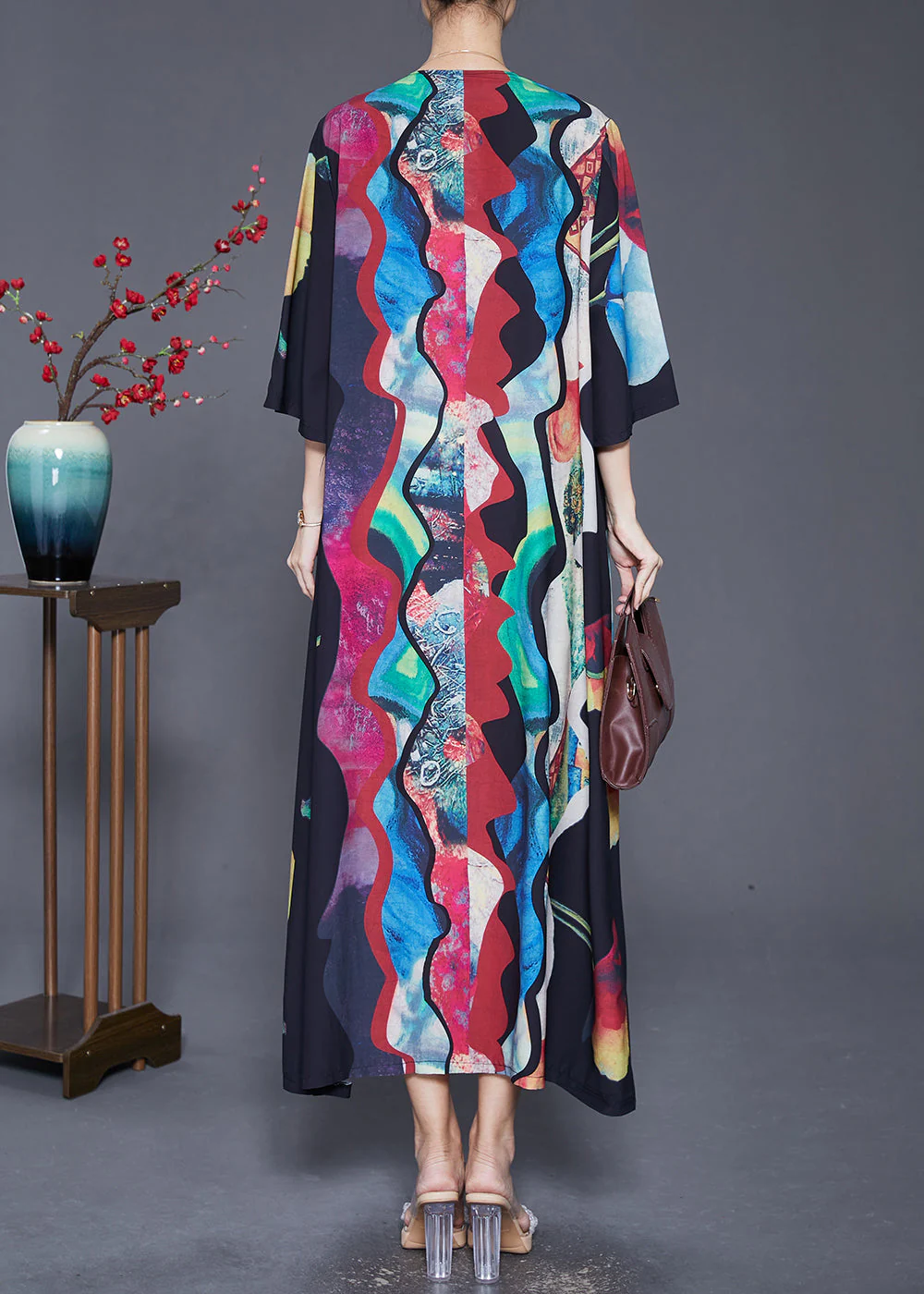 Vintage Black Oversized Wrinkled Print Chiffon Long Dress Summer - Image 4