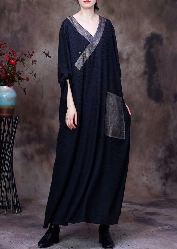 Vintage Black Patchwork Pocket Wrinkled Oriental Button Silk Dress Long Sleeve - Image 2