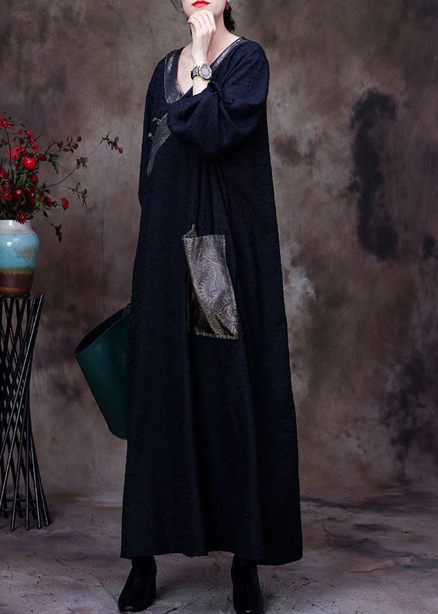 Vintage Black Patchwork Pocket Wrinkled Oriental Button Silk Dress Long Sleeve - Image 3