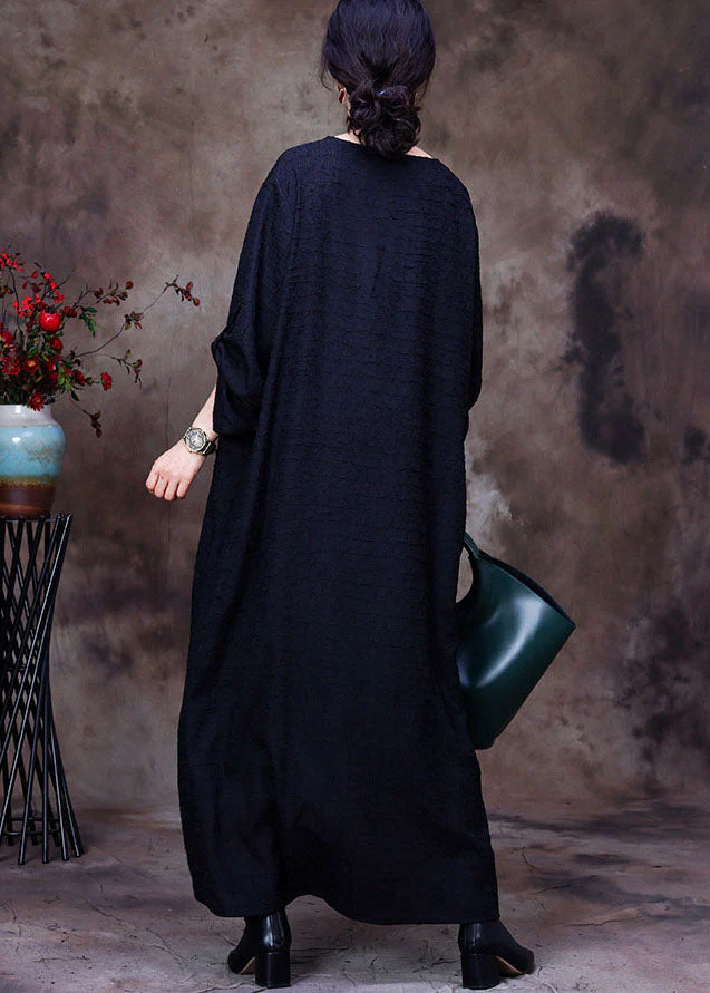 Vintage Black Patchwork Pocket Wrinkled Oriental Button Silk Dress Long Sleeve - Image 4