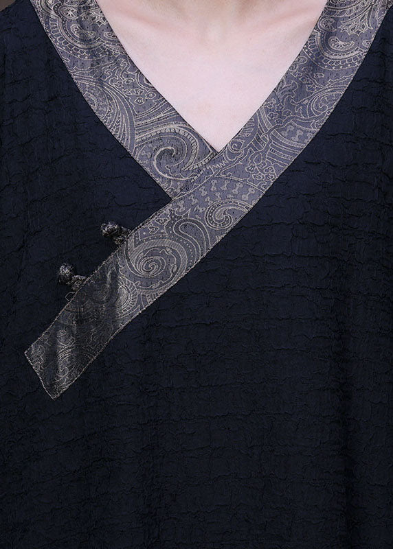 Vintage Black Patchwork Pocket Wrinkled Oriental Button Silk Dress Long Sleeve - Image 5
