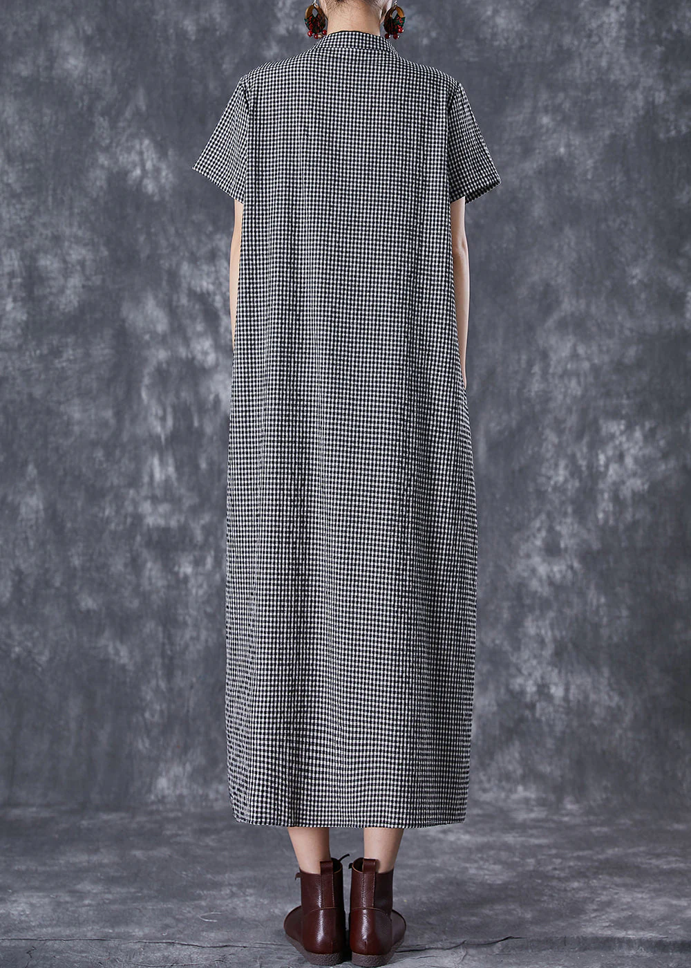 Vintage Black Plaid Patchwork Linen Cheongsam Dresses Summer - Image 4