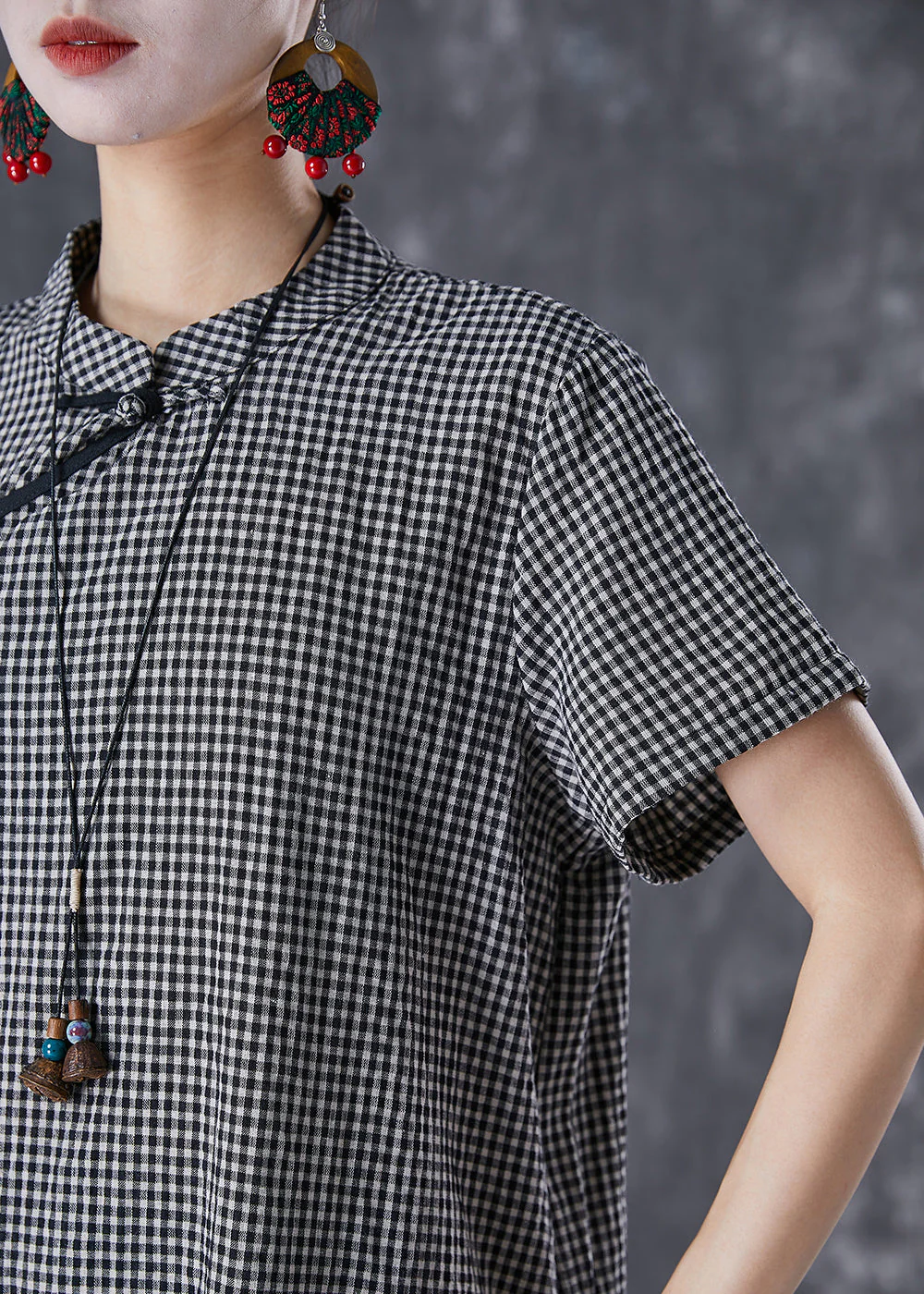 Vintage Black Plaid Patchwork Linen Cheongsam Dresses Summer - Image 5