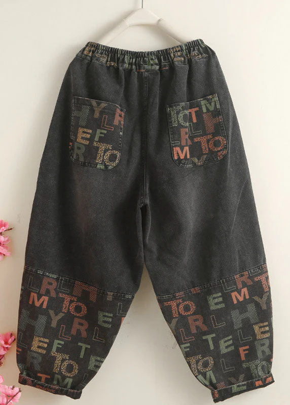 Vintage Black Pockets Graphic Print Denim Harem Pants Spring - Image 2