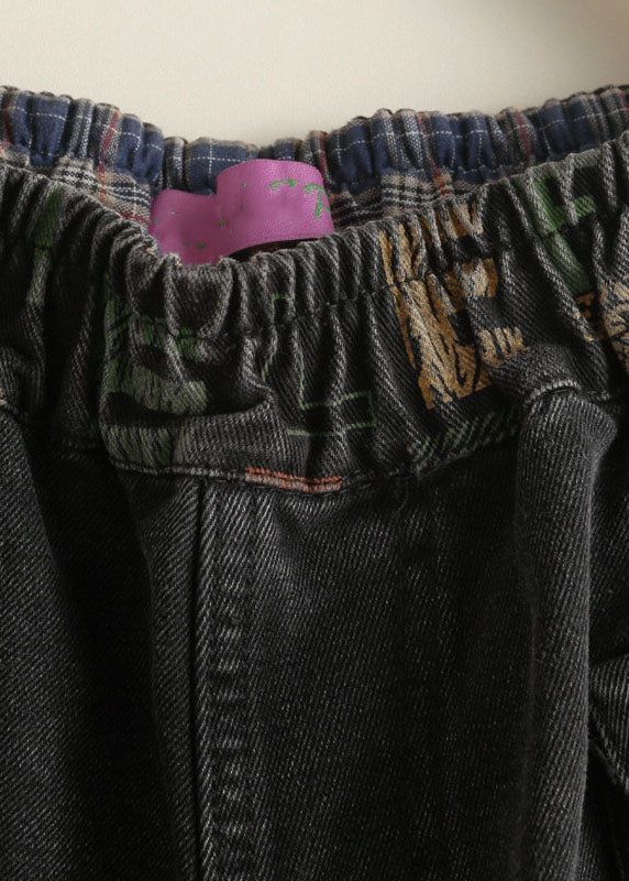 Vintage Black Pockets Graphic Print Denim Harem Pants Spring - Image 3
