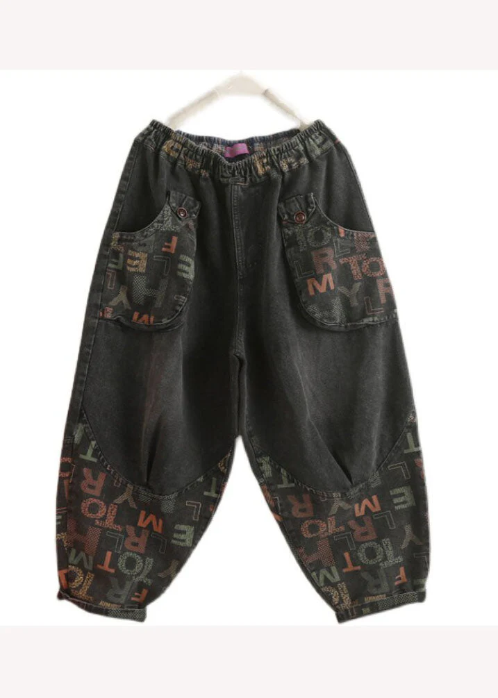 Vintage Black Pockets Graphic Print Denim Harem Pants Spring - Image 5