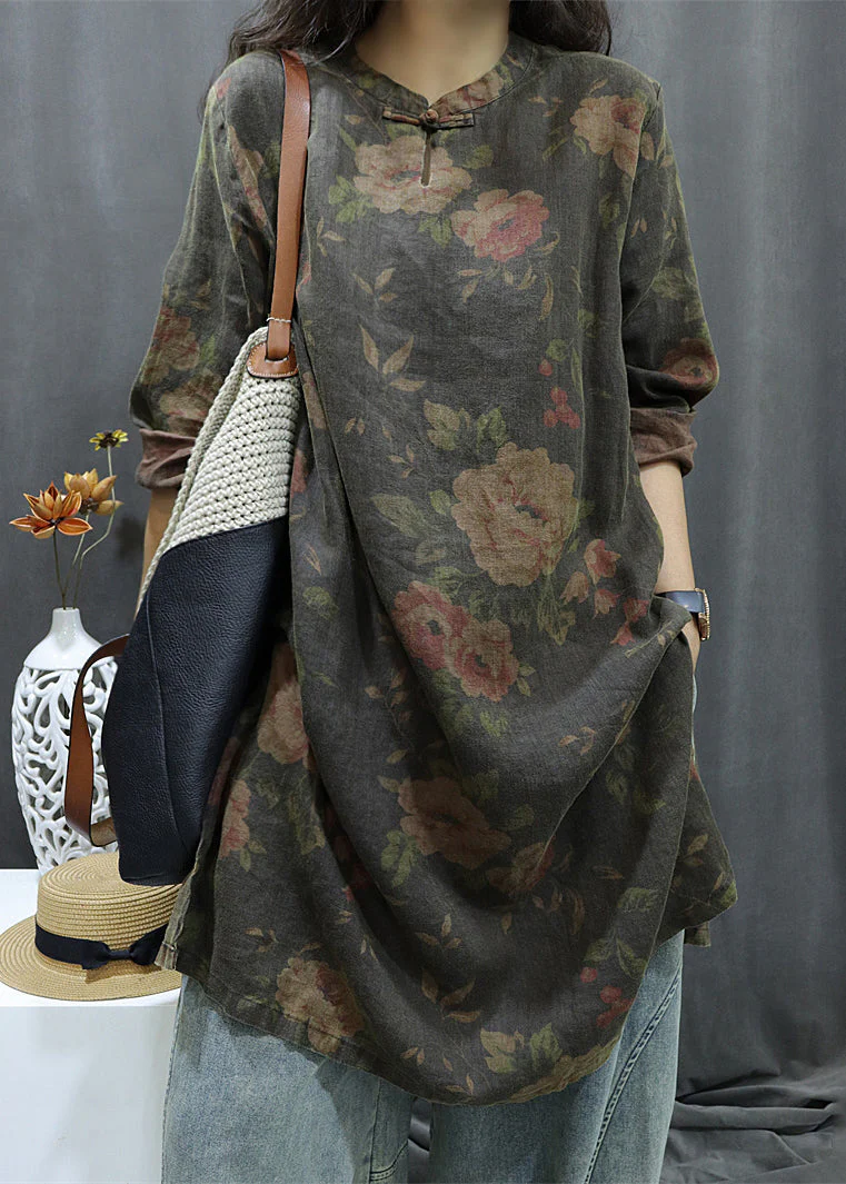Vintage Black Print Button Linen Shirts Dress Bracelet Sleeve - Image 3