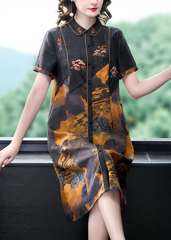 Vintage Black Print Button Patchwork Silk Mid Dress Summer - Image 2