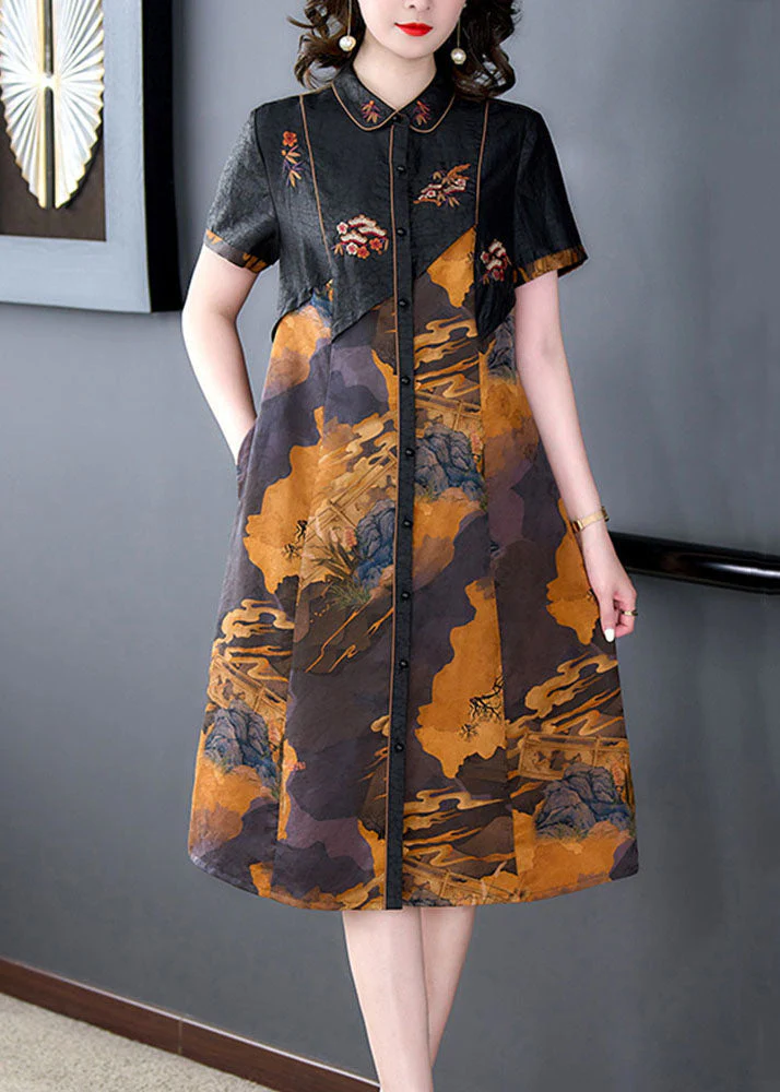 Vintage Black Print Button Patchwork Silk Mid Dress Summer - Image 3
