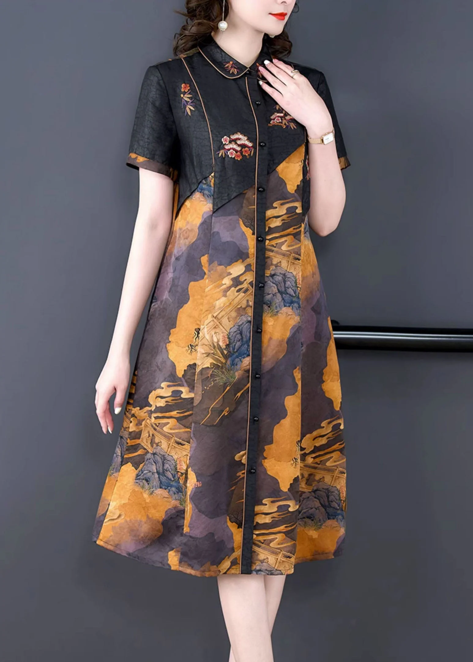 Vintage Black Print Button Patchwork Silk Mid Dress Summer - Image 4