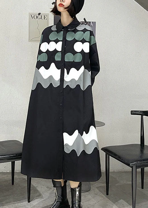 Vintage Black Print Button Pockets Fall Shirts Long sleeve dress