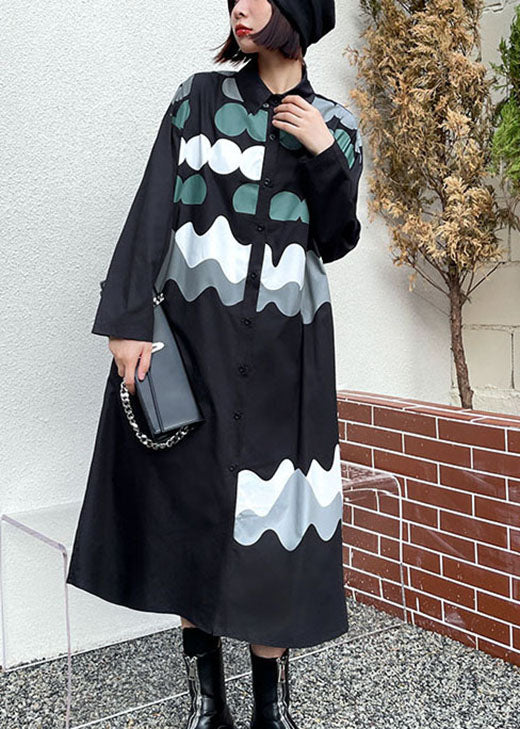 Vintage Black Print Button Pockets Fall Shirts Long sleeve dress - Image 2
