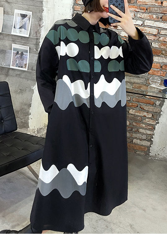 Vintage Black Print Button Pockets Fall Shirts Long sleeve dress - Image 3