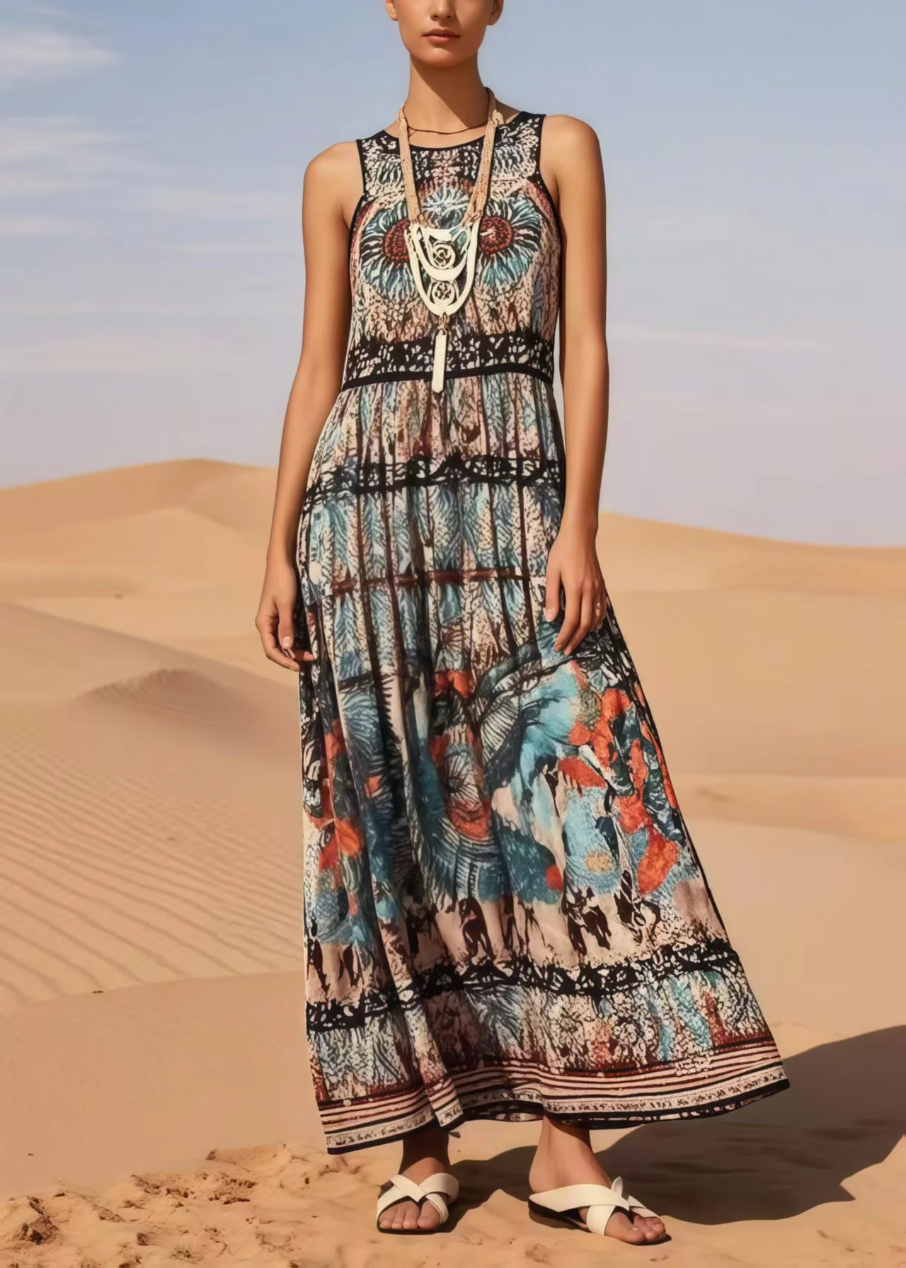 Vintage Black Print Cotton Long Dress Sleeveless