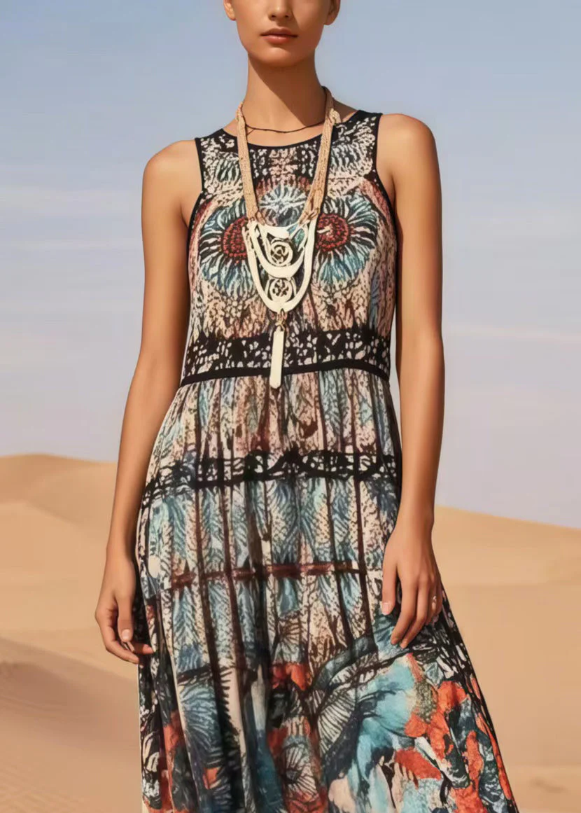 Vintage Black Print Cotton Long Dress Sleeveless - Image 2