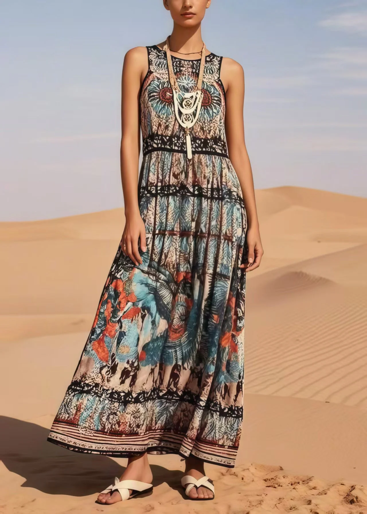 Vintage Black Print Cotton Long Dress Sleeveless - Image 3