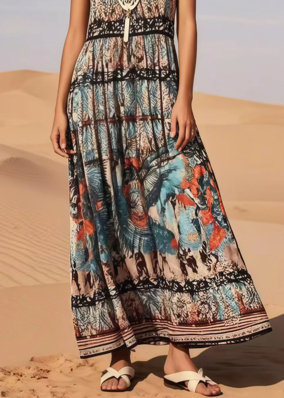 Vintage Black Print Cotton Long Dress Sleeveless - Image 4
